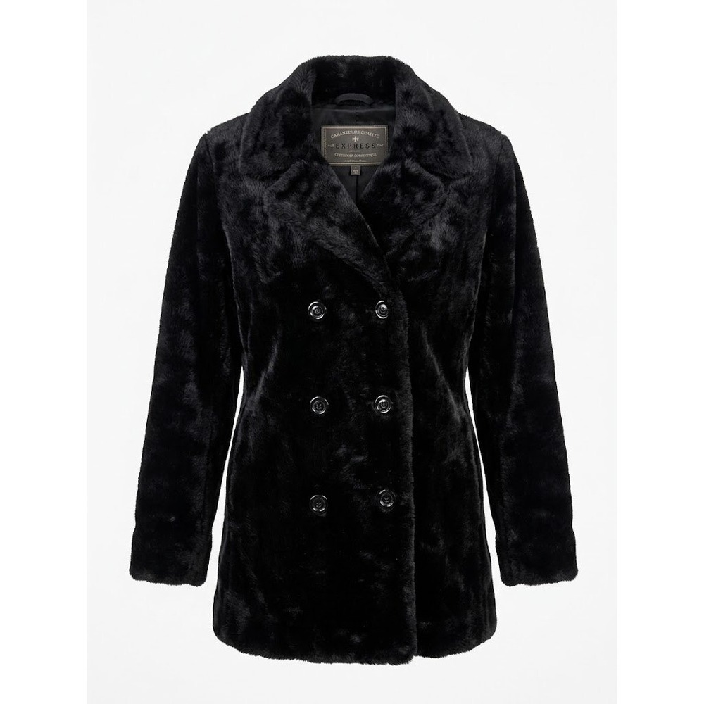 VINTAGE 90s Express Womens Black Faux Fur Double Breasted Pea Coat USA Mob Wife